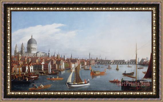 William James View of the River Thames with St Paul's and Old London Bridge Framed Painting