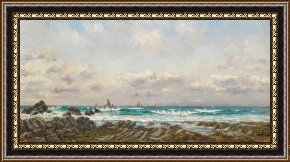 Fishing Boats in a Calm Sea Framed Prints - Boats at Sea by William Lionel Wyllie
