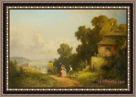 Willy Moralt Figures And a Carriage on a Path with a Village Beyond Framed Print