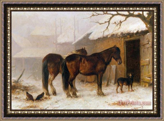 Wouterus Verschuur Jr Horses in a Snow Covered Farm Yard Framed Painting
