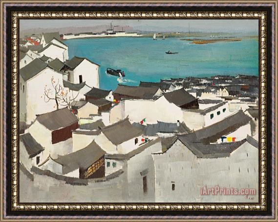 Wu Guanzhong A Lakeside Rural Town Framed Painting