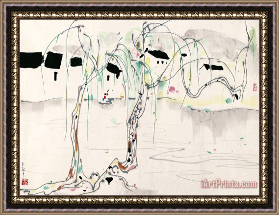 Wu Guanzhong House And Willow Tree Framed Painting