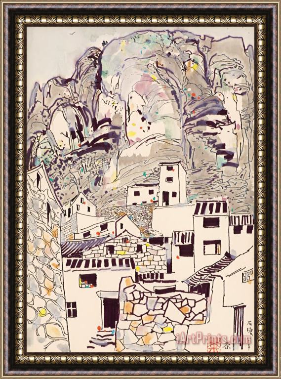 Wu Guanzhong Households at The Foot of The Shitang Mountain Framed Painting