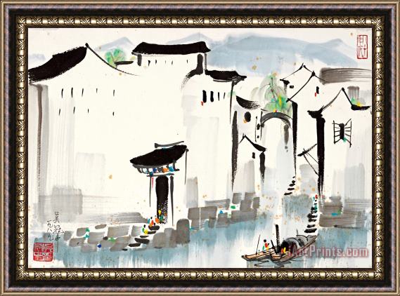 Wu Guanzhong Jiangnan River Town, 1989 Framed Painting