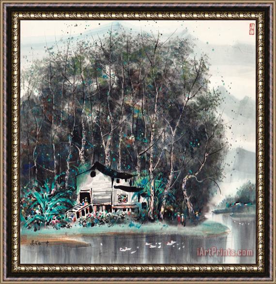 Wu Guanzhong Lodge by The River Framed Painting