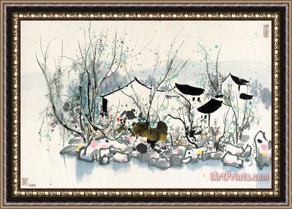 Wu Guanzhong Village by The River, 1984 Framed Painting