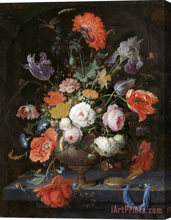 Abraham Mignon Still Life with Flowers And a Watch Stretched Canvas Painting / Canvas Art
