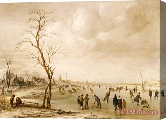 Aert van der Neer A Winter Landscape With Townsfolk Skating And Playing Kolf On A Frozen River Stretched Canvas Print / Canvas Art