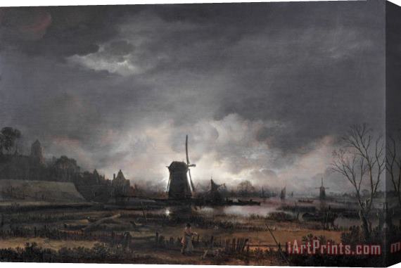 Aert van der Neer Moonlit Landscape with a Windmill, Early to Mid 1650's Stretched Canvas Print / Canvas Art