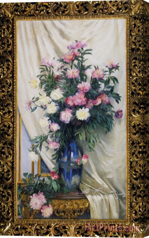 Albert Aublet Peonies in a Blue Vase on a Draped Regency Giltwood Console Table Stretched Canvas Print / Canvas Art