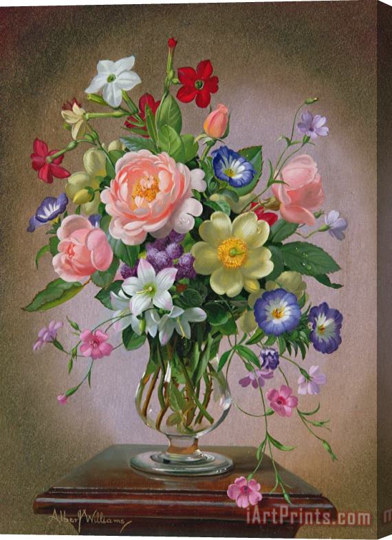 Albert Williams Roses Peonies And Freesias In A Glass Vase Stretched Canvas Painting / Canvas Art