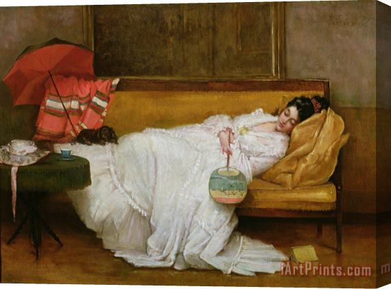 Alfred Emile Stevens  Girl in a white dress resting on a sofa Stretched Canvas Print / Canvas Art