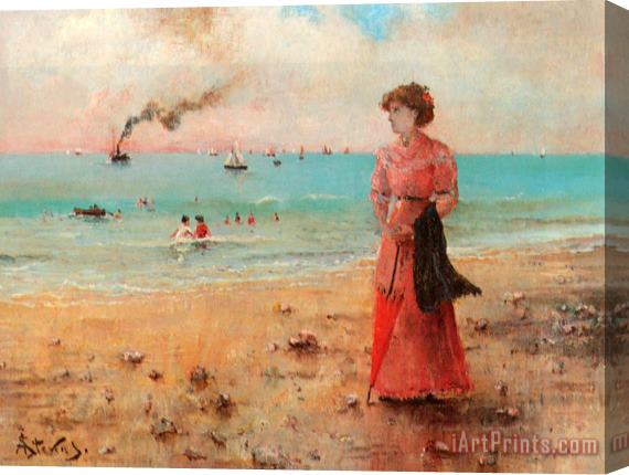 Alfred Stevens Jeune Femme a L'ombrelle Rouge Au Bord De La Mer Stretched Canvas Painting / Canvas Art