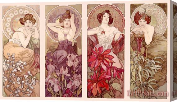 Alphonse Marie Mucha Precious Stones And Flowers Stretched Canvas Painting / Canvas Art