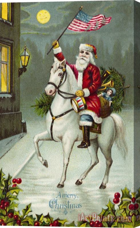 American School A Merry Christmas card of Santa Riding a White Horse Stretched Canvas Print / Canvas Art