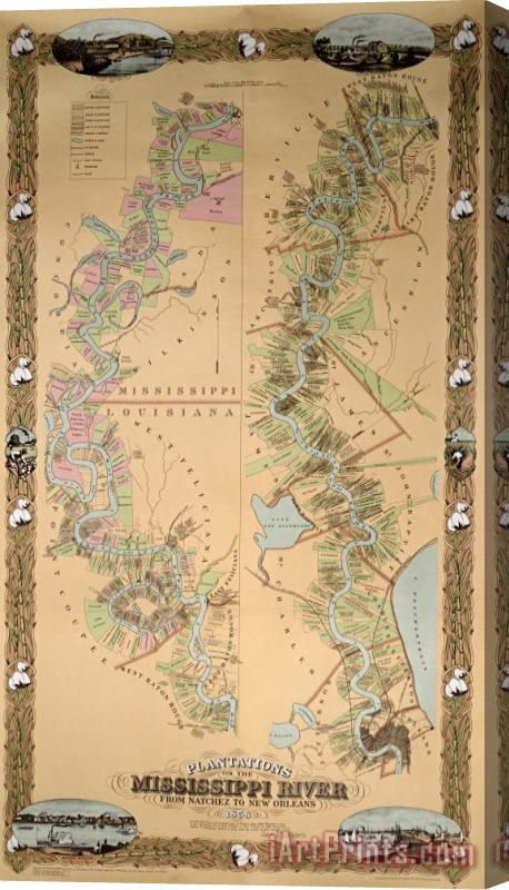 American School Map depicting plantations on the Mississippi River from Natchez to New Orleans Stretched Canvas Painting / Canvas Art