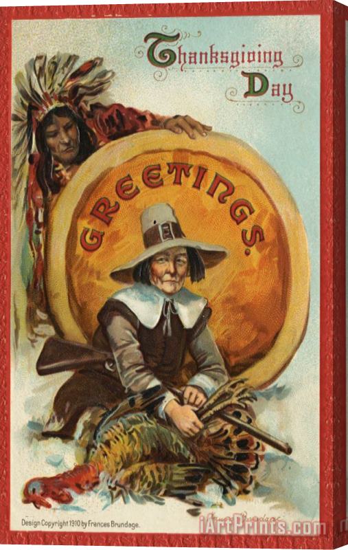American School Postcard of Pilgrim Plucking a Turkey Stretched Canvas Painting / Canvas Art