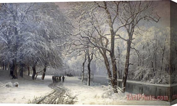 Anders Andersen-Lundby A Winter Landscape with Horses And Carts by a River Stretched Canvas Painting / Canvas Art