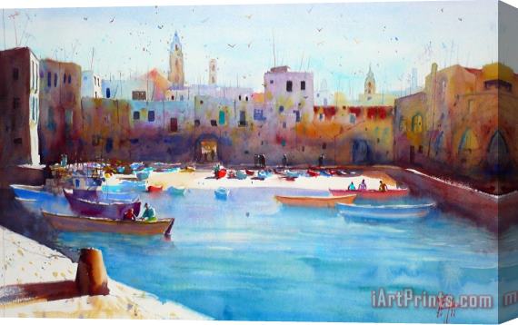 Andre Mehu Fishingboats in the harbor of Monopoli Stretched Canvas Painting / Canvas Art
