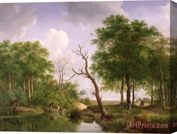 Andreas Schelfhout A Wooded River Landscape With Sportsmen In A Rowing Boat Stretched Canvas Print / Canvas Art