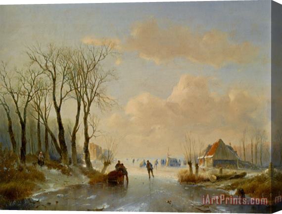 Andreas Schelfhout Skaters on The Ice with a Koek En Zopie in The Distance Stretched Canvas Painting / Canvas Art