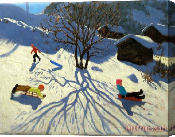 Andrew Macara Winter hillside Morzine France Stretched Canvas Painting / Canvas Art