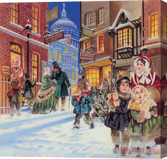 Angus McBride Dickensian Christmas Scene Stretched Canvas Painting / Canvas Art