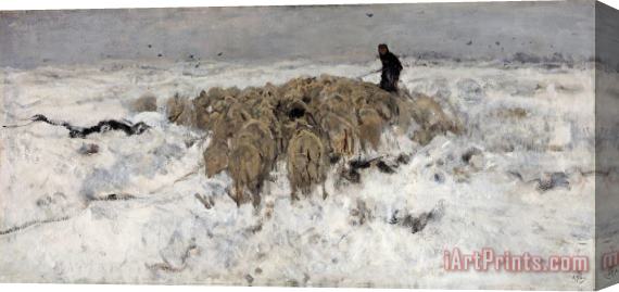 Anton Mauve Flock of Sheep with Shepherd in The Snow Stretched Canvas Painting / Canvas Art