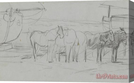 Anton Mauve Wachtende Paarden Bij Bomschuiten Op Het Strand Stretched Canvas Print / Canvas Art