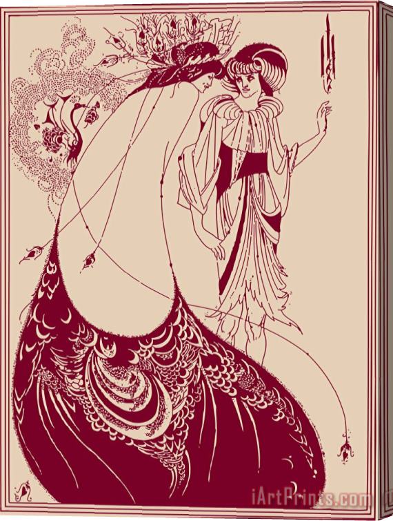 Aubrey Beardsley Peacock Skirt Maroon And Cream Stretched Canvas Painting / Canvas Art