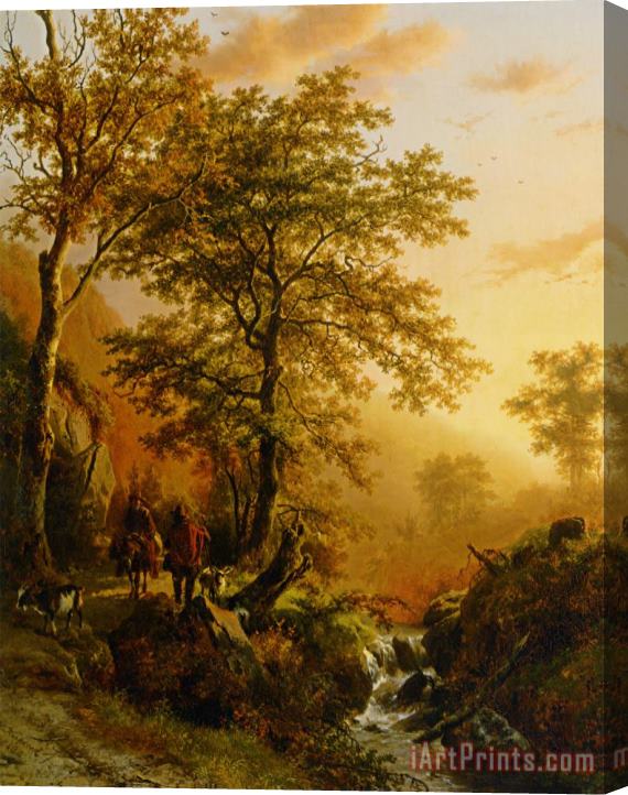 Barend Cornelis Koekkoek A Traveller And a Herdsman in a Mountainous Landscape Stretched Canvas Painting / Canvas Art