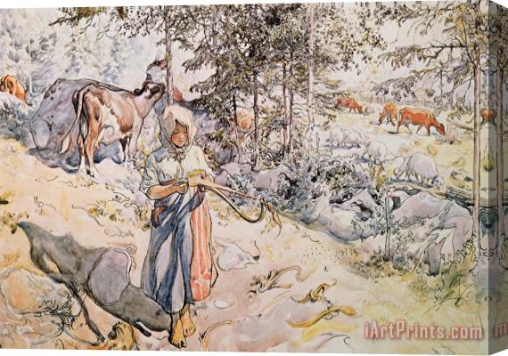 Carl Larsson Young Girl Weaving Stretched Canvas Print / Canvas Art