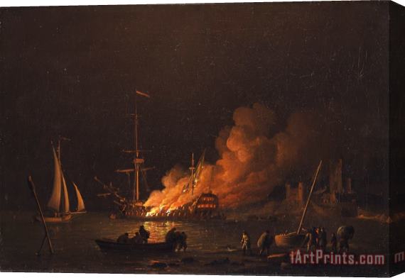 Charles Brooking Ship on Fire at Night Stretched Canvas Painting / Canvas Art