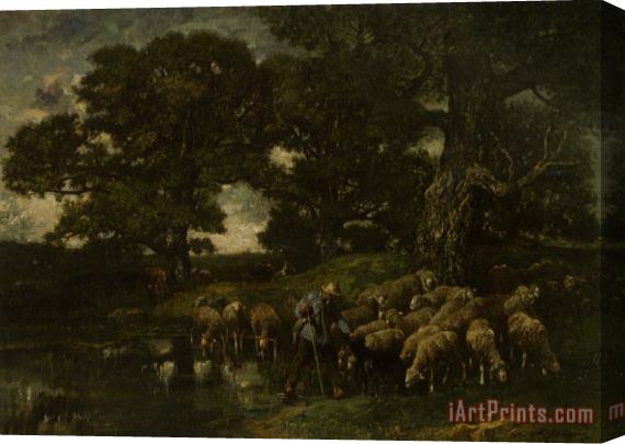 Charles Emile Jacque A Shepherd And His Flock by a Pond Stretched Canvas Painting / Canvas Art