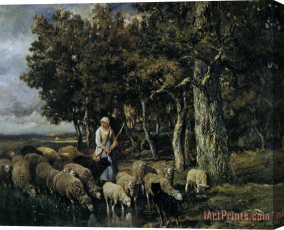 Charles Emile Jacque Shepherdess Watering Flock Stretched Canvas Print / Canvas Art