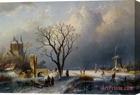 Charles Henri Joseph Leickert A Winter Landscape with Figures Near a Castle Stretched Canvas Painting / Canvas Art