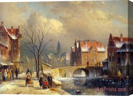 Charles Henri Joseph Leickert Winter Villagers on a Snowy Street by a Canal Stretched Canvas Painting / Canvas Art