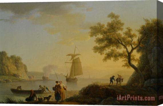 Claude Joseph Vernet An Extensive Coastal Landscape with Fishermen Unloading Their Boats And Figures Conversing in The Foreground Stretched Canvas Painting / Canvas Art