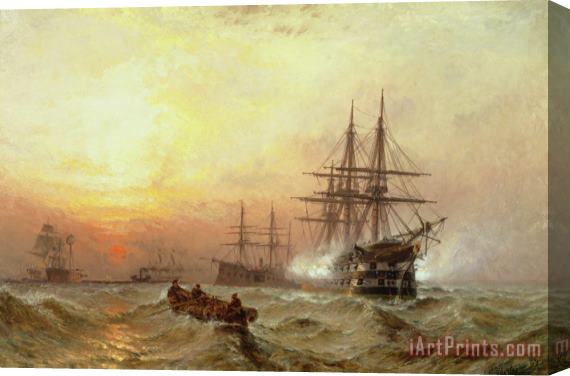 Claude T Stanfield Moore Man-o-War firing a salute at sunset Stretched Canvas Painting / Canvas Art