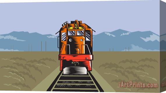 Collection 10 Diesel Train Front Rear Woodcut Retro Stretched Canvas Print / Canvas Art