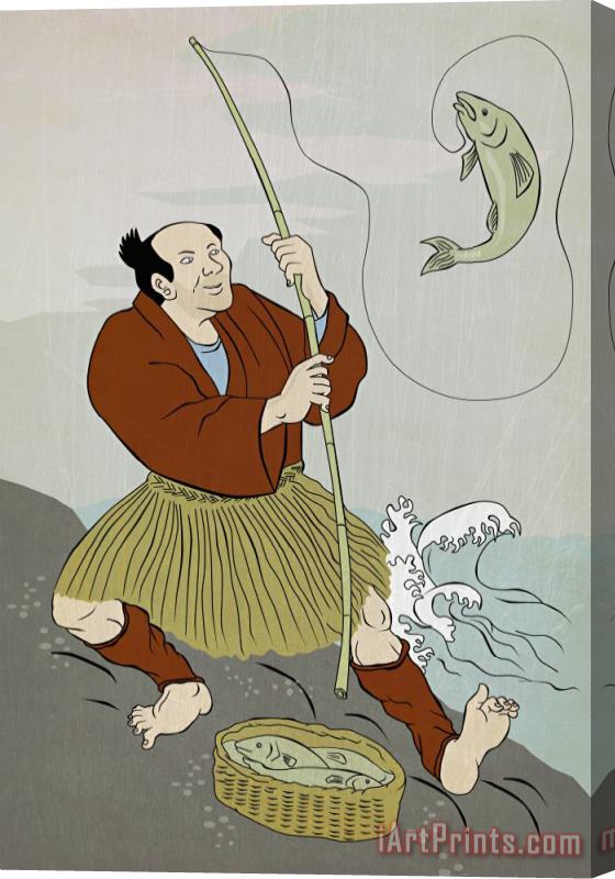 Collection 10 Japanese fisherman fishing catching trout fish Stretched Canvas Print / Canvas Art
