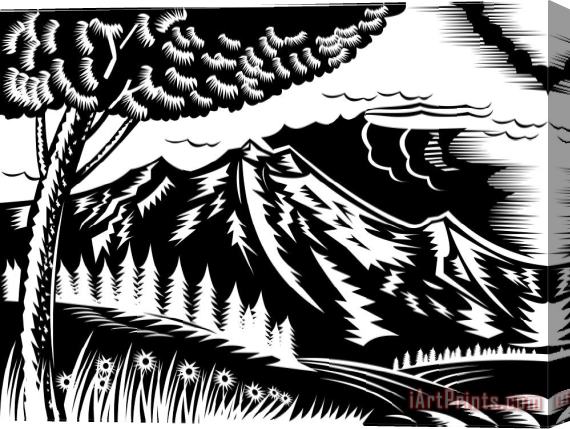 Collection 10 Mountain scene woodcut Stretched Canvas Print / Canvas Art