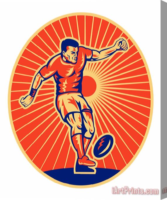 Collection 10 Rugby Player Kicking Ball Woodcut Stretched Canvas Painting / Canvas Art