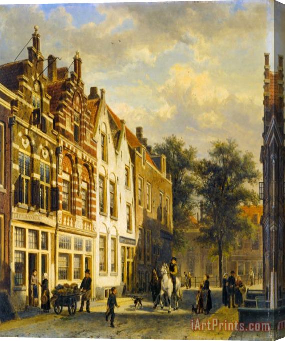 Cornelis Springer Figures in The Sunlit Streets of a Dutch Town Stretched Canvas Print / Canvas Art