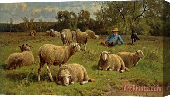 Cornelis Van Leemputten A Shepherd And His Dog Guarding a Flock of Sheep Stretched Canvas Print / Canvas Art