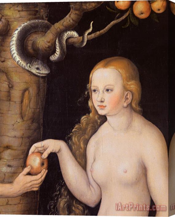 Cranach Eve offering the apple to Adam in the Garden of Eden and the serpent Stretched Canvas Painting / Canvas Art