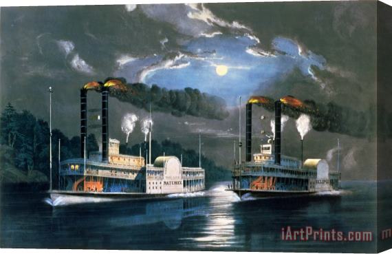 Currier and Ives A Midnight Race on the Mississippi Stretched Canvas Print / Canvas Art