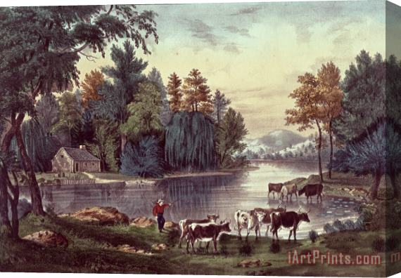 Currier and Ives Cows on the Shore of a Lake Stretched Canvas Painting / Canvas Art
