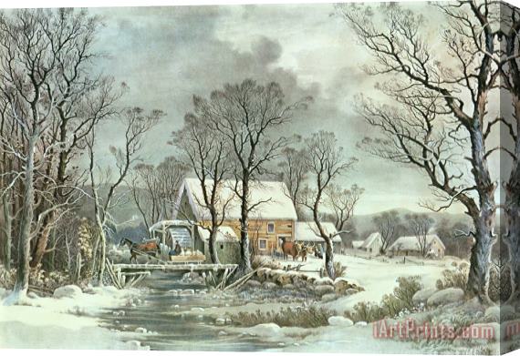 Currier and Ives Winter in the Country - the Old Grist Mill Stretched Canvas Print / Canvas Art