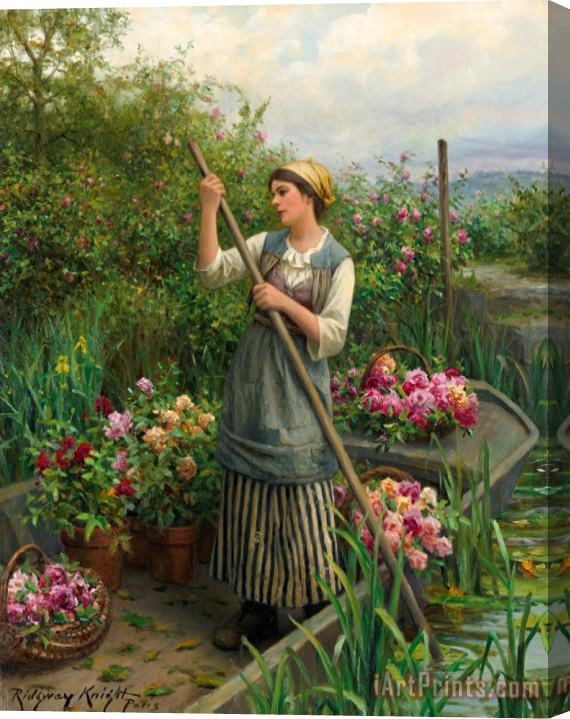 Daniel Ridgway Knight Gathering Flowers Along The River Stretched Canvas Painting / Canvas Art